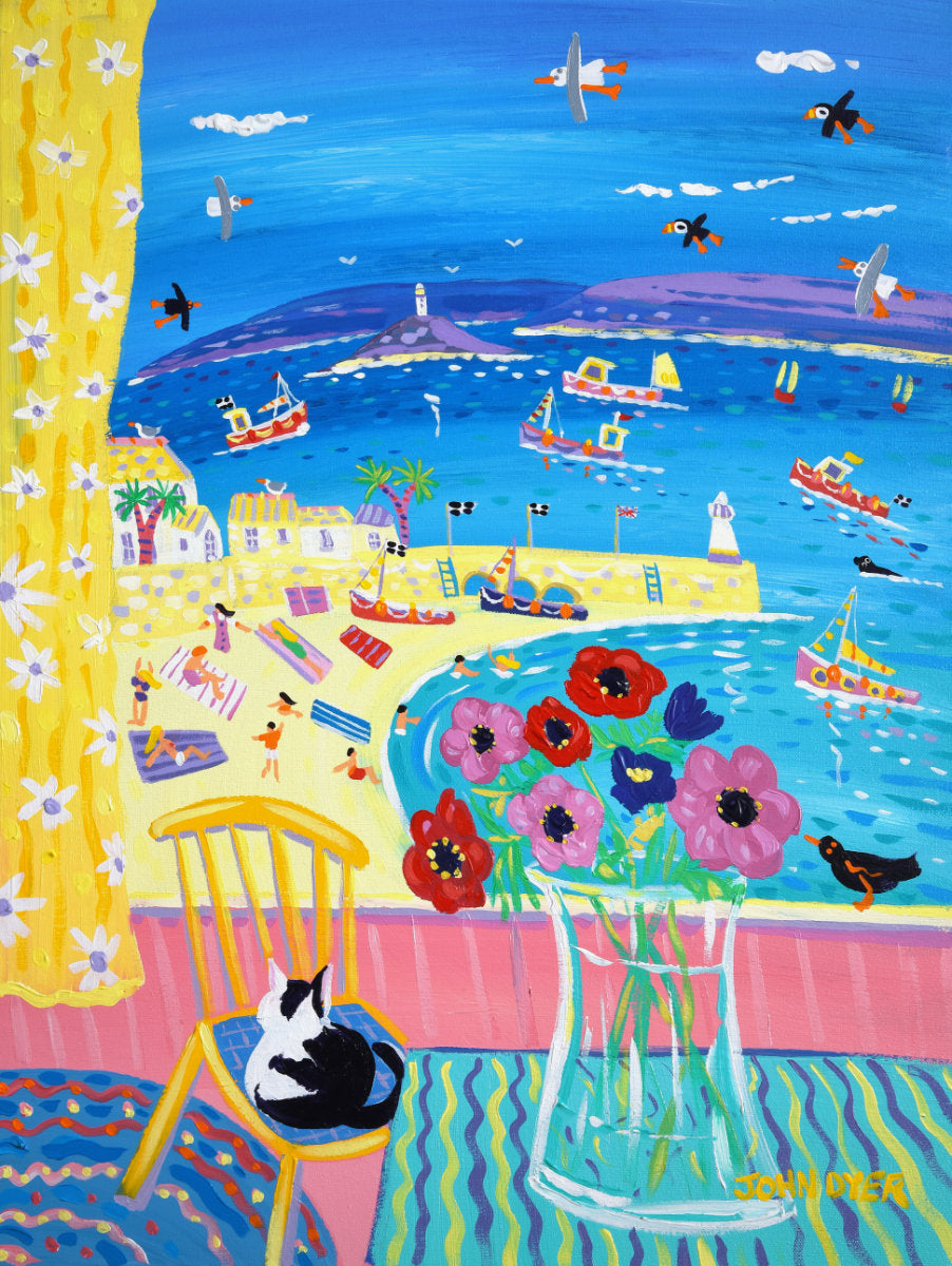'Snoozing on the Chair, St Ives', 24x18 inches acrylic on canvas. Cornwall Painting by Cornish Artist John Dyer. Cornish Art from our Cornwall Art Gallery