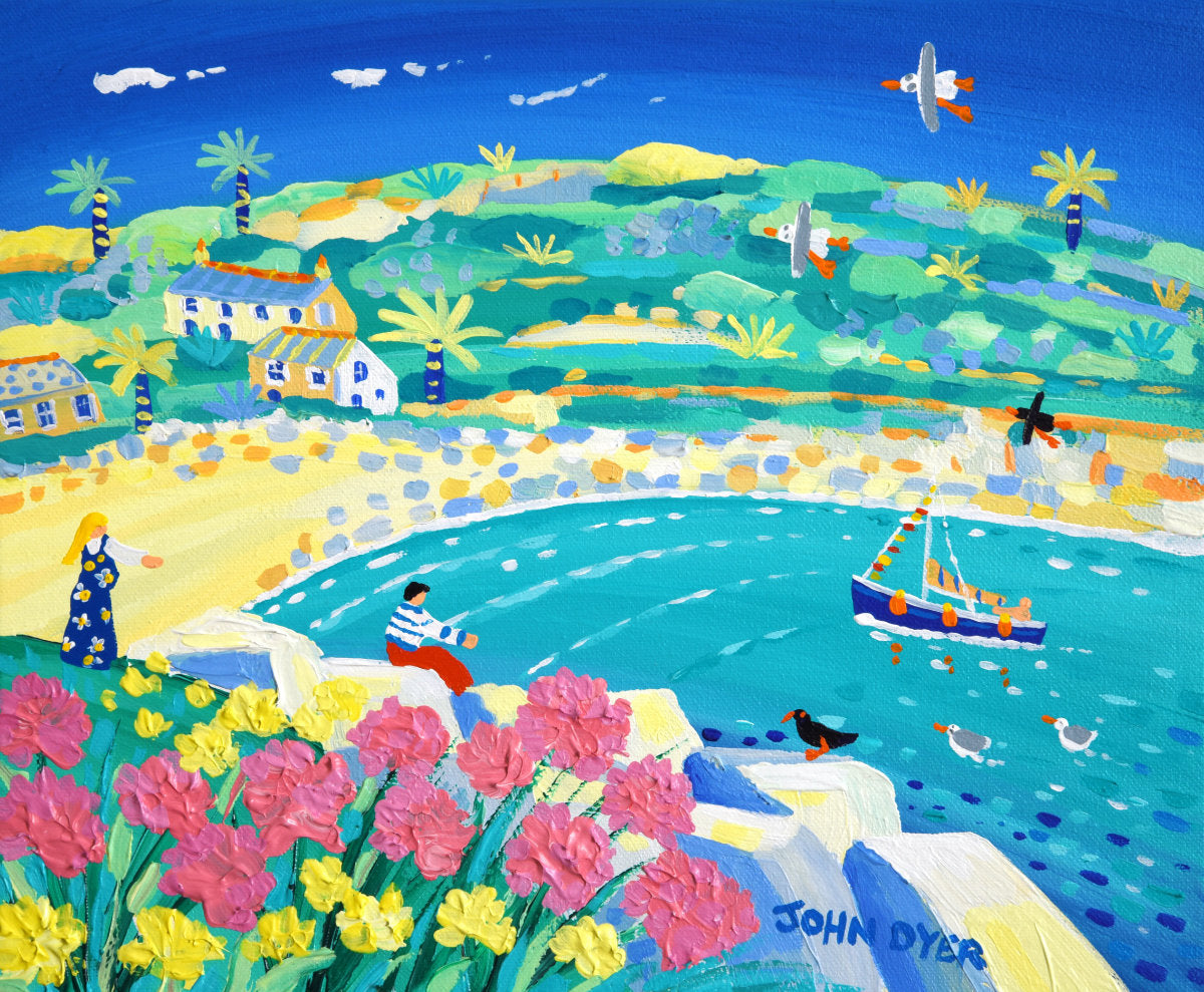 &#39;Sunny Day, Lamorna Cove&#39;, 12x10 inches acrylic on canvas. Cornwall Painting by Cornish Artist John Dyer. Cornish Art from our Cornwall Art Gallery