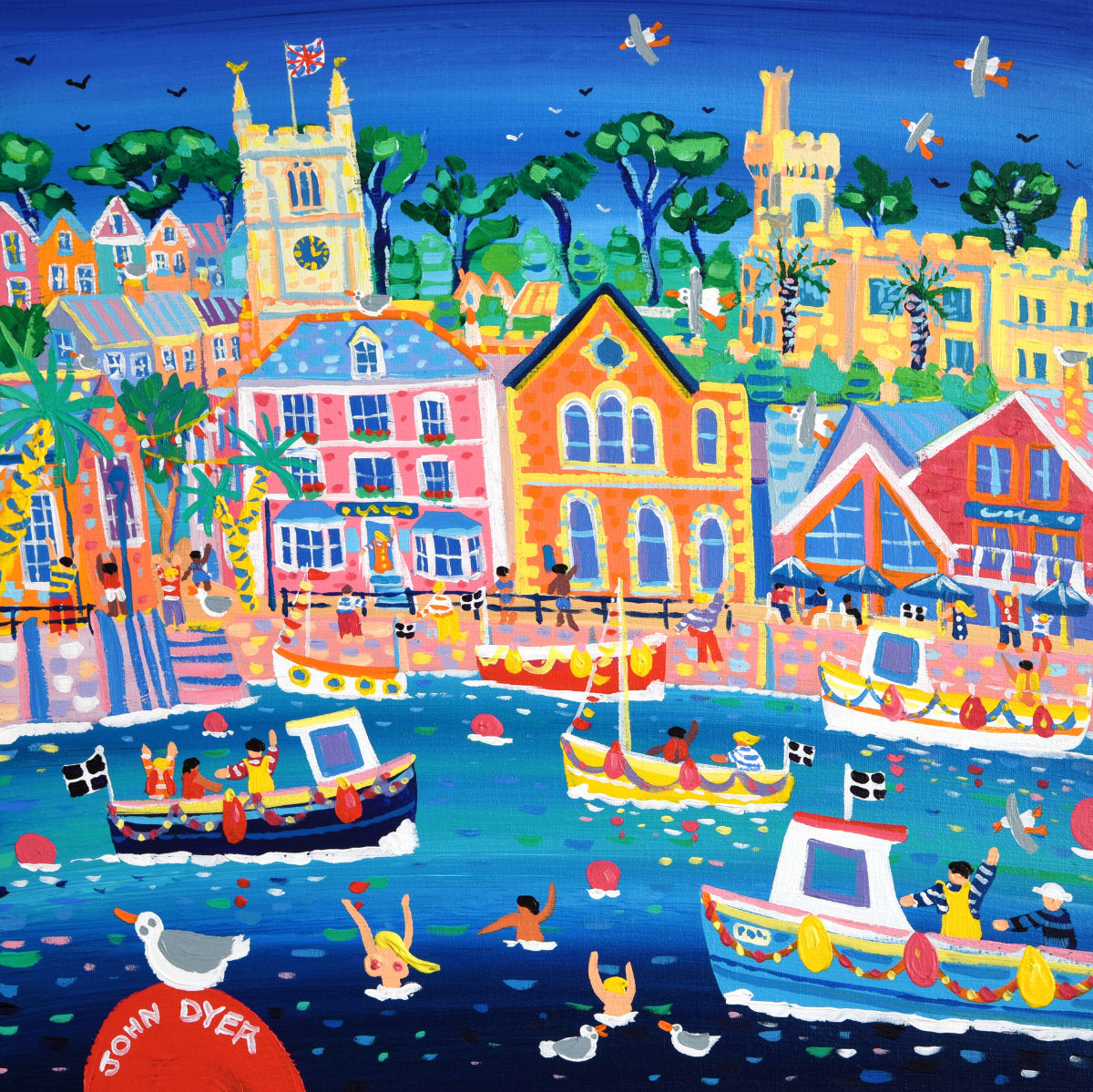 'A Day out in Fowey', 18x18 inches acrylic on canvas. Cornwall Painting by Cornish Artist John Dyer. Cornish Art from our Cornwall Art Gallery