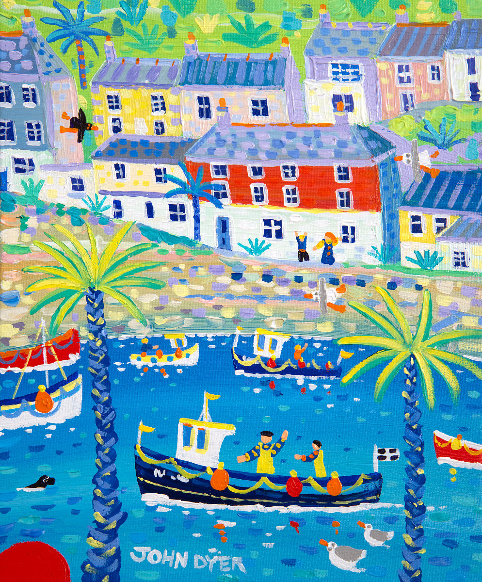 Cornwall Art Gallery Painting by John Dyer. 'Waving at the Fishermen, Mevagissey', 12 x 10 inches acrylic on canvas,