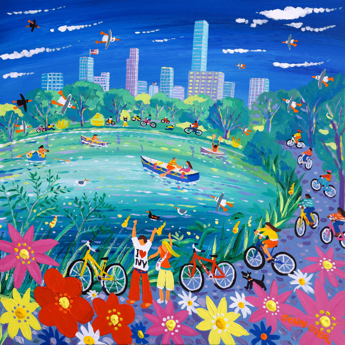 'Cycling around Central Park, New York', 24x24 inches acrylic on canvas. Paintings of America by British Artist John Dyer. American Art Gallery