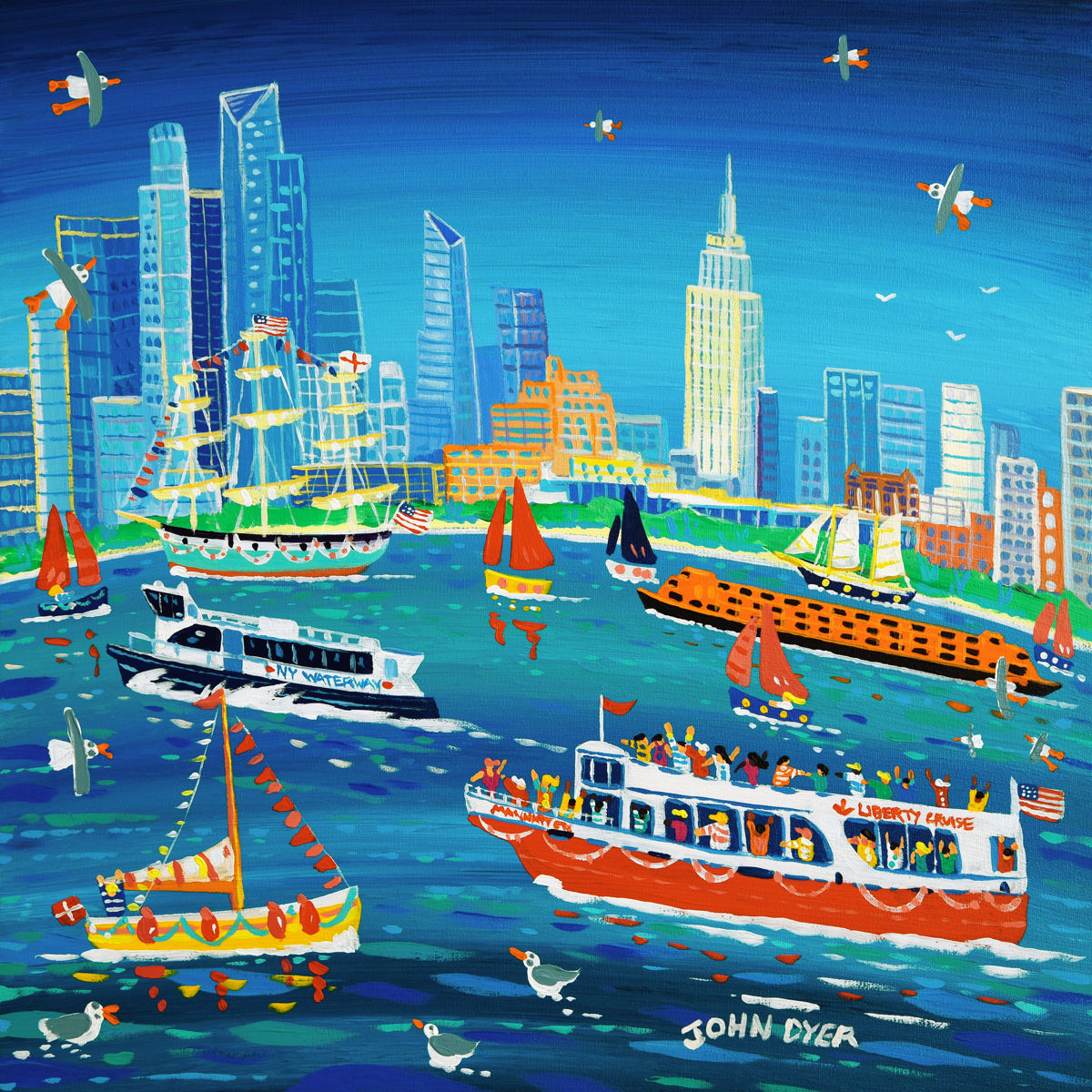 'Sailing around Manhattan, New York', 18x18 inches acrylic on canvas. Paintings of America by British Artist John Dyer. American Art Gallery