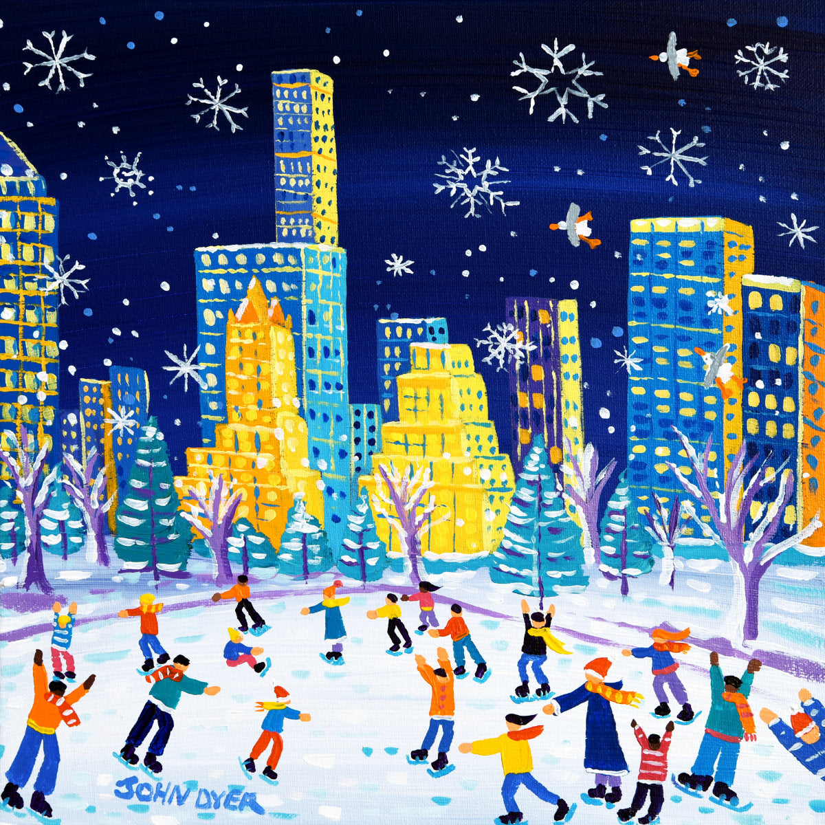 &#39;Winter Wonderland, Central Park, New York&#39;, 12x12 inches acrylic on canvas. Paintings of America by British Artist John Dyer. American Art Gallery. Ice Skating