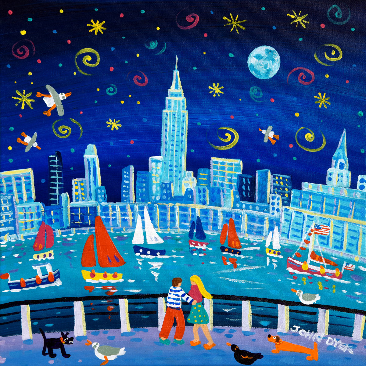 &#39;I Love New York and I Love You&#39;, 12x12 inches acrylic on canvas. Paintings of America by British Artist John Dyer. American Art Gallery