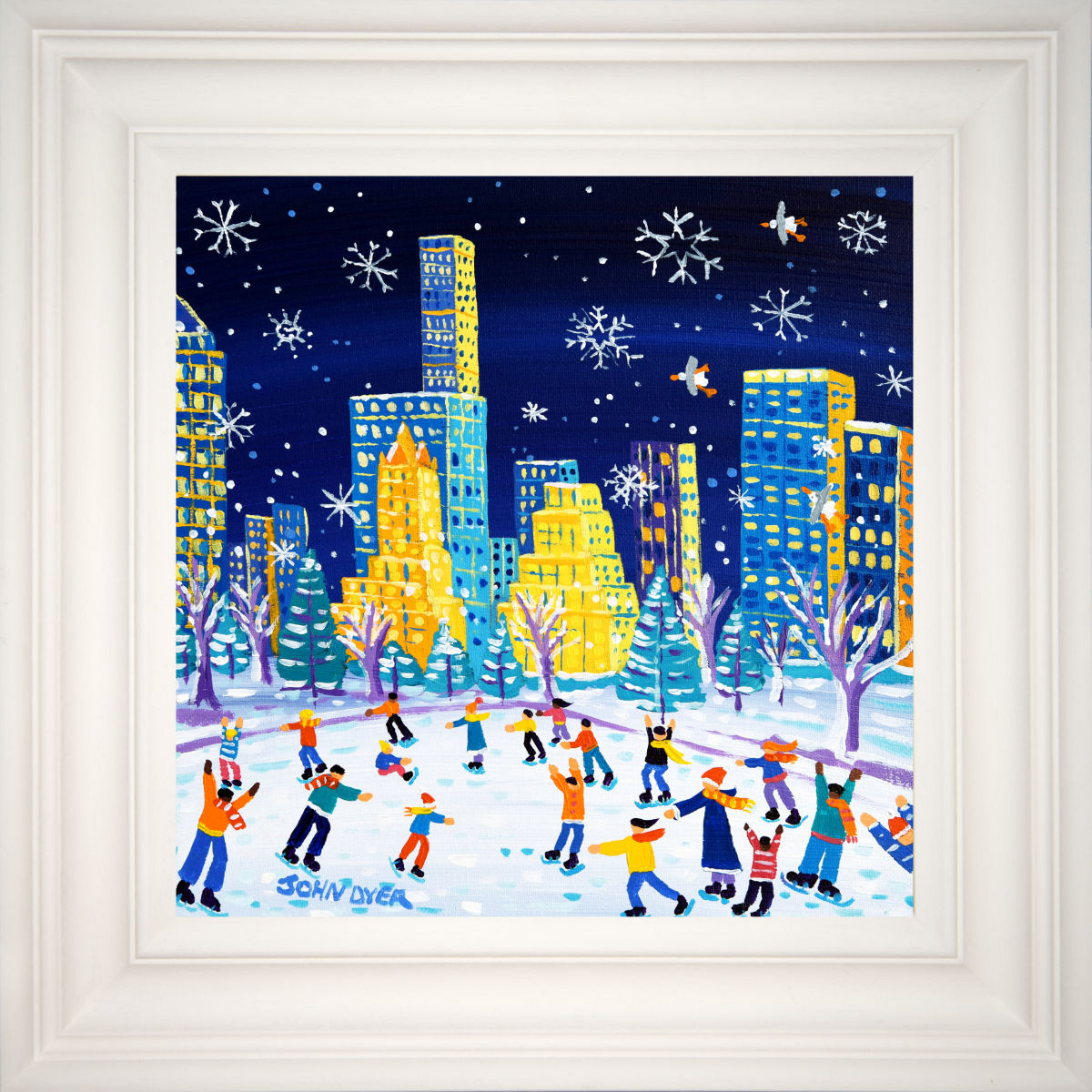 &#39;Winter Wonderland, Central Park, New York&#39;, 12x12 inches acrylic on canvas. Paintings of America by British Artist John Dyer. American Art Gallery. Ice Skating