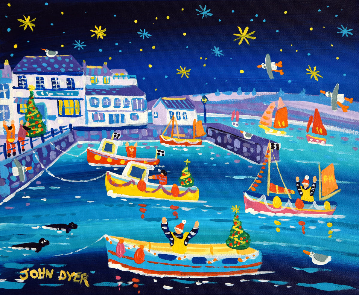 &#39;Customs House Christmas, Falmouth&#39;, 10x12 inches acrylic on canvas. Paintings of Cornwall. Cornish Artist John Dyer. Cornwall Art Gallery