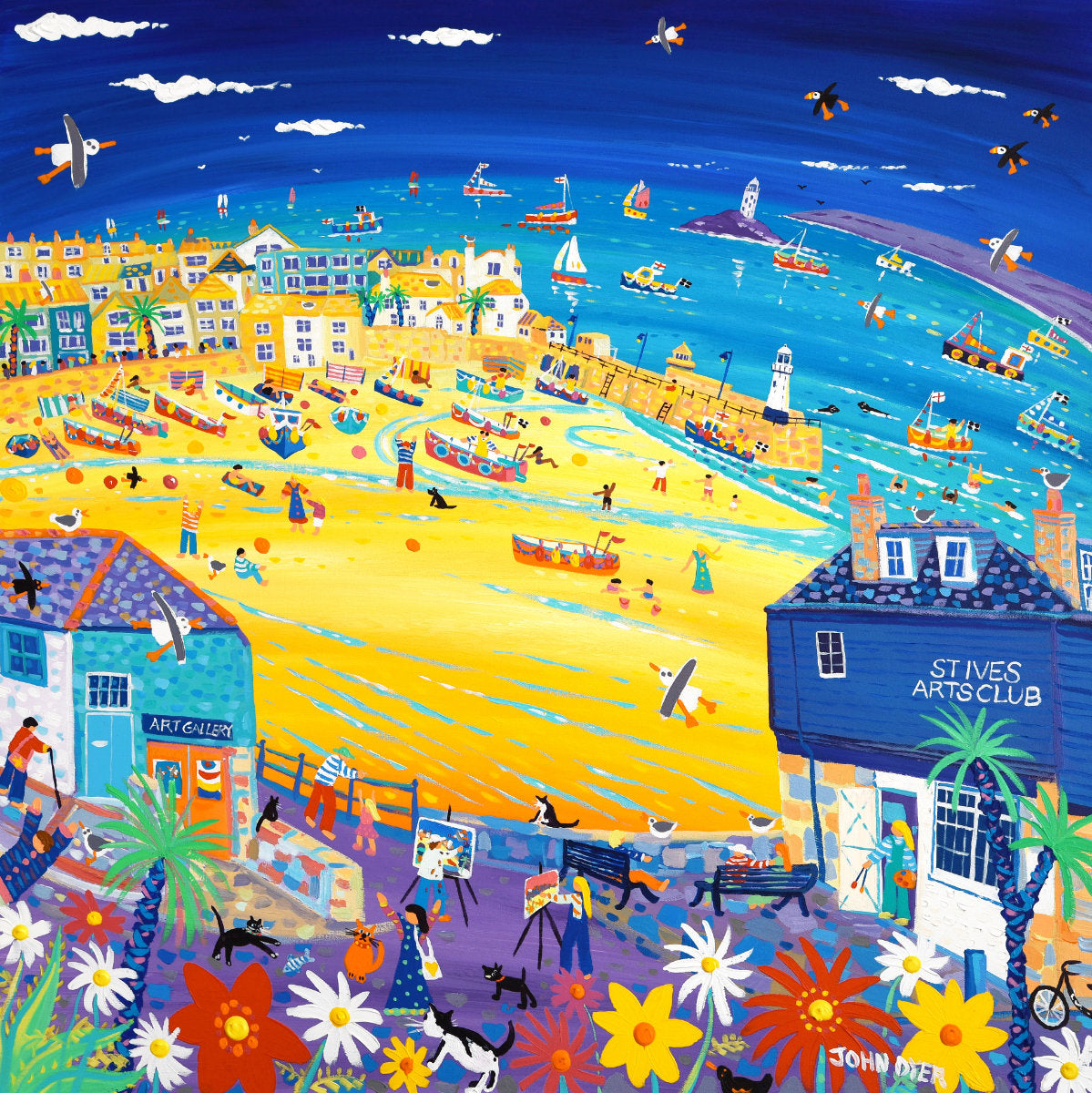 &#39;Arty St Ives&#39;, 100x100 cm acrylic on canvas. Paintings of Cornwall by Cornish Artist John Dyer. Cornwall Art Gallery