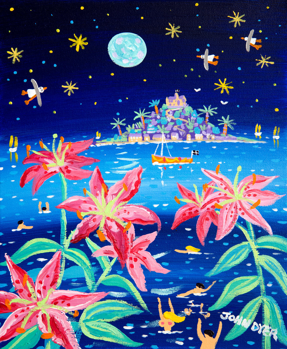 Cornwall Art Gallery Painting by John Dyer. 'Full Moon Pink Lilies, St Michael's Mount', 12 x 10 inches acrylic on canvas.
