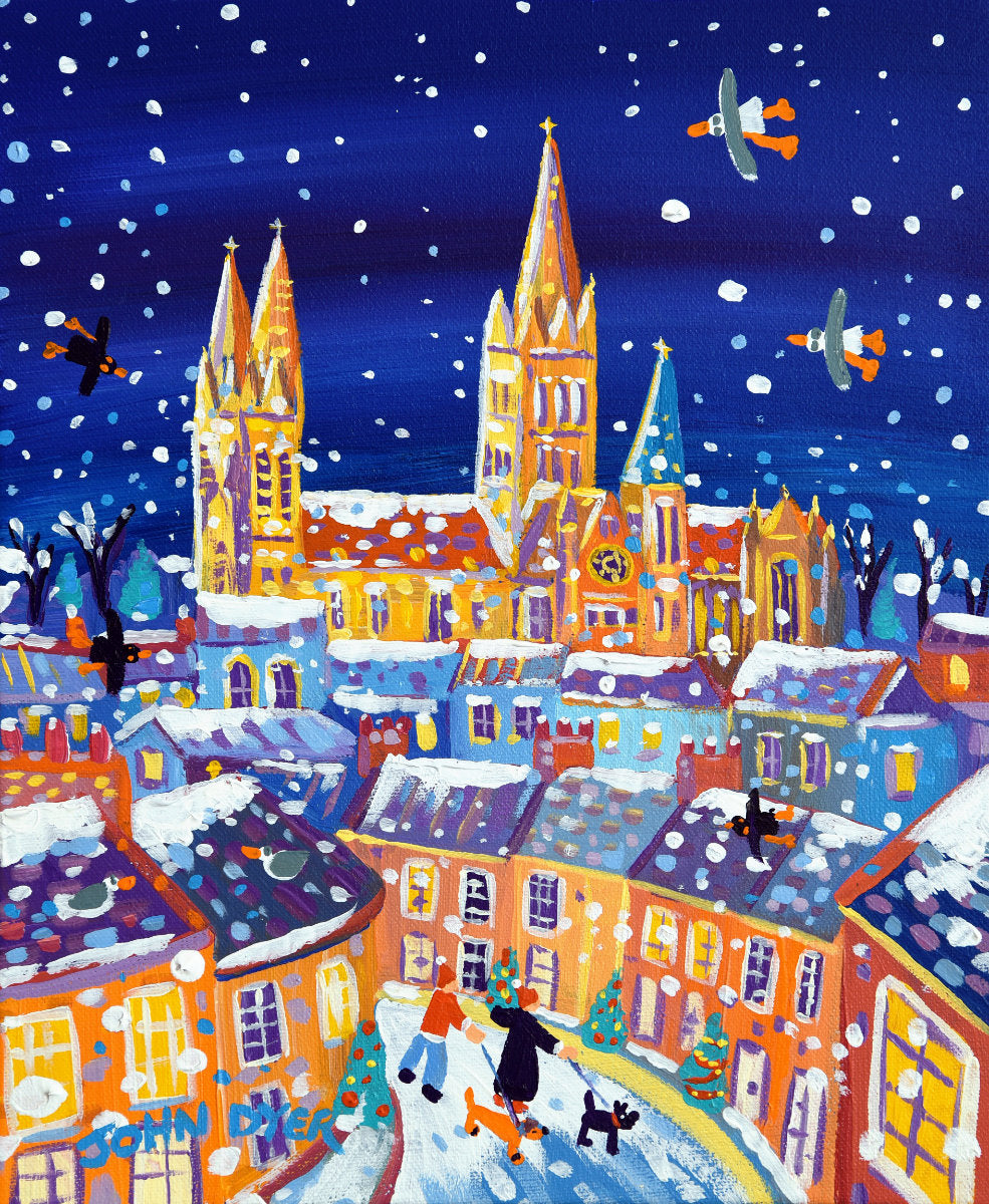 &#39;Flurry of Snow, Truro Cathedral&#39;, 12x10 inches acrylic on canvas. Paintings of Cornwall. Cornish Artist John Dyer. Cornwall Art Gallery