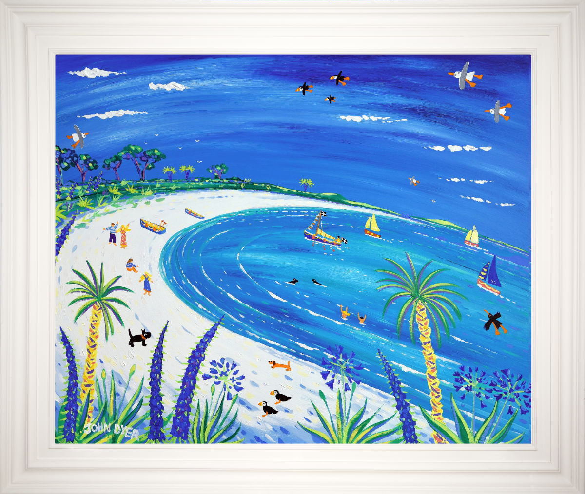 'Puffins at Pentle Bay, Tresco'. 33x40 inches original art acrylic on board. Paintings of Cornwall by Cornish Artist John Dyer. Cornwall Art Gallery