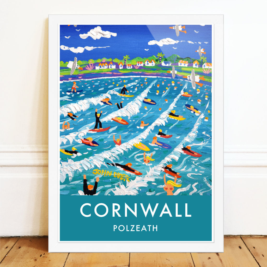 Vintage Style Travel Art Poster Print of Polzeath Beach with Surfers by John Dyer