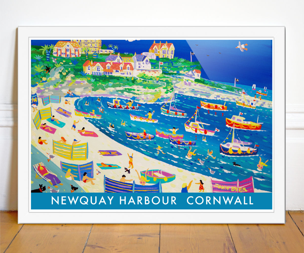 Cornish Art Print of Newquay Harbour in Cornwall by Cornish Artist John Dyer. Cornwall Art Gallery, Vintage Style Posters