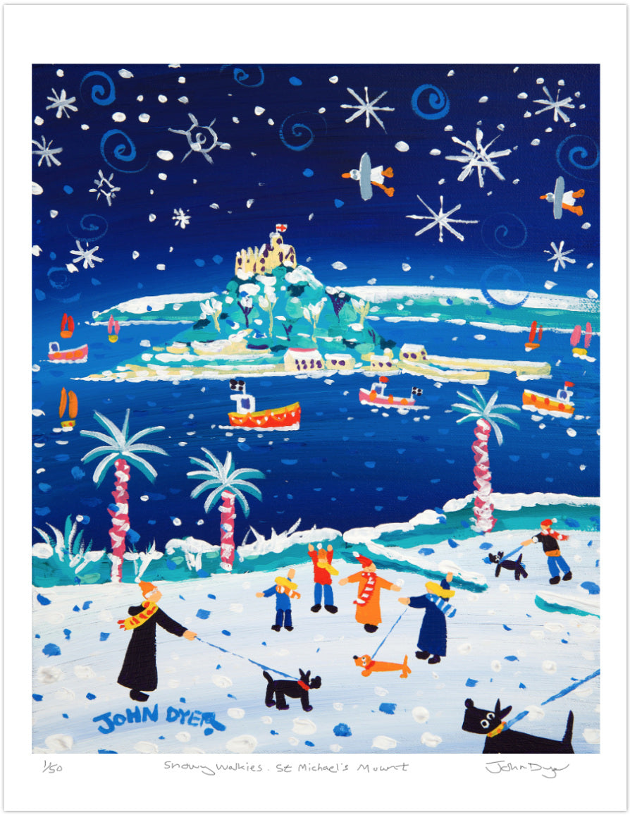 Cornish Art Signed Limited Edition Print by John Dyer. &#39;Snowy Walkies, St Michael&#39;s Mount&#39;. Cornwall Art Gallery Print.
