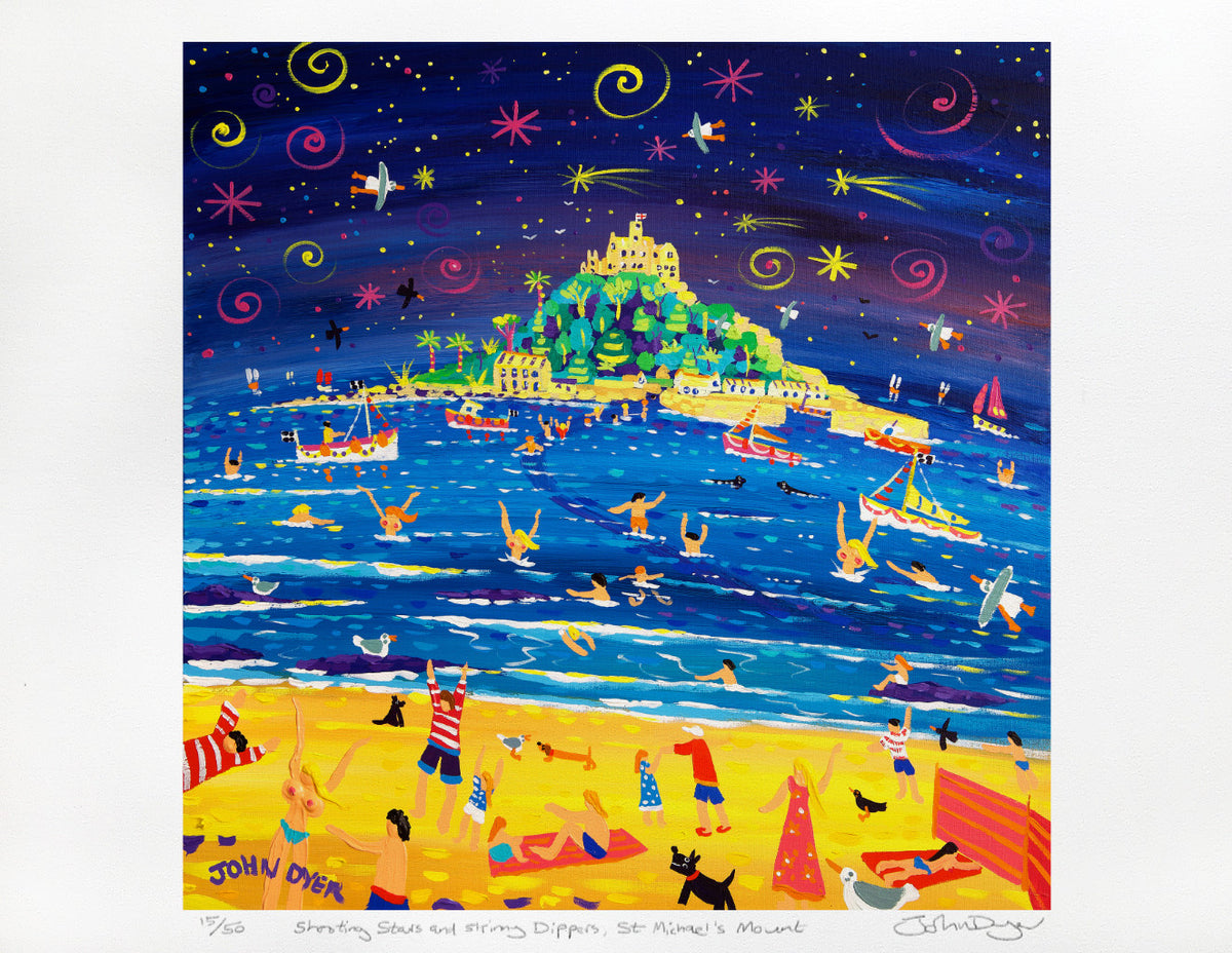 Limited Edition Print by Cornish Artist John Dyer. &#39;Shooting Stars and Skinny Dippers, St Michael&#39;s Mount&#39;. Cornwall Art Gallery Print