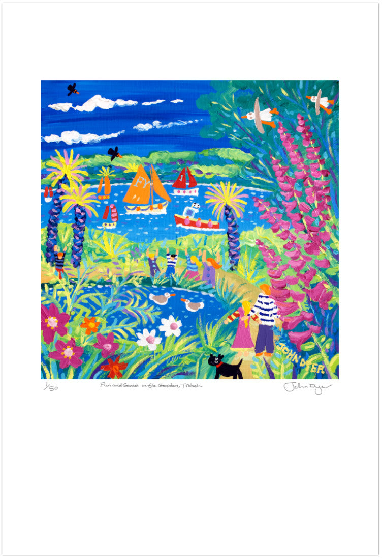 Signed Limited Edition Print. &#39;Fun and Games in the Garden, Trebah&#39; by Cornish artist John Dyer. Cornwall Art Gallery Print
