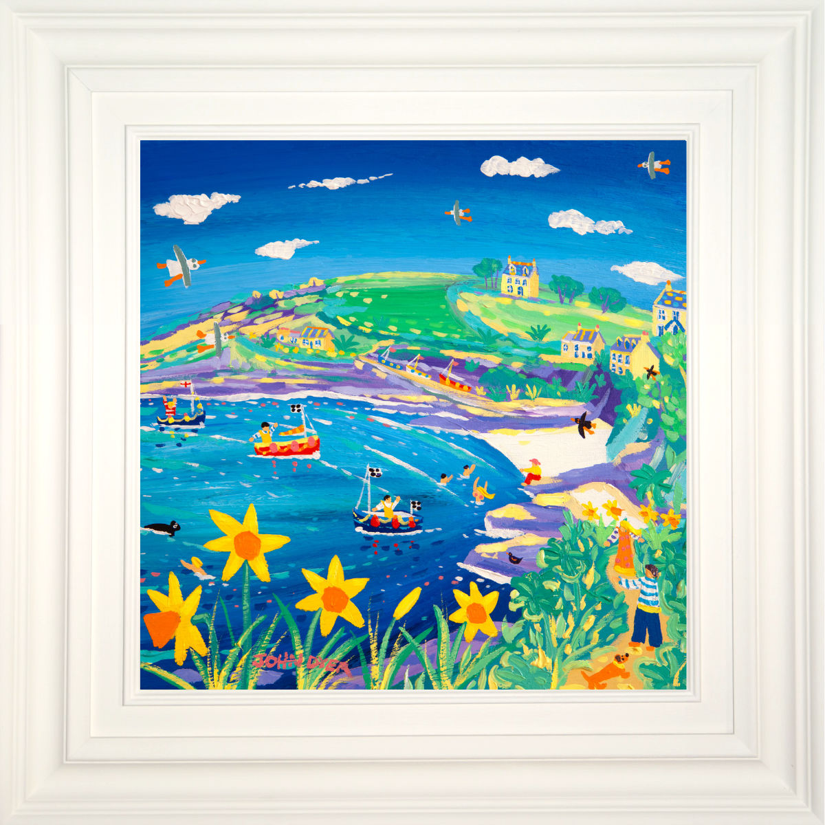 'Springtime Fun at Prussia Cove', 18x18 inches acrylic on canvas. Cornwall Painting by Cornish Artist John Dyer. Cornish Art from our Cornwall Art Gallery