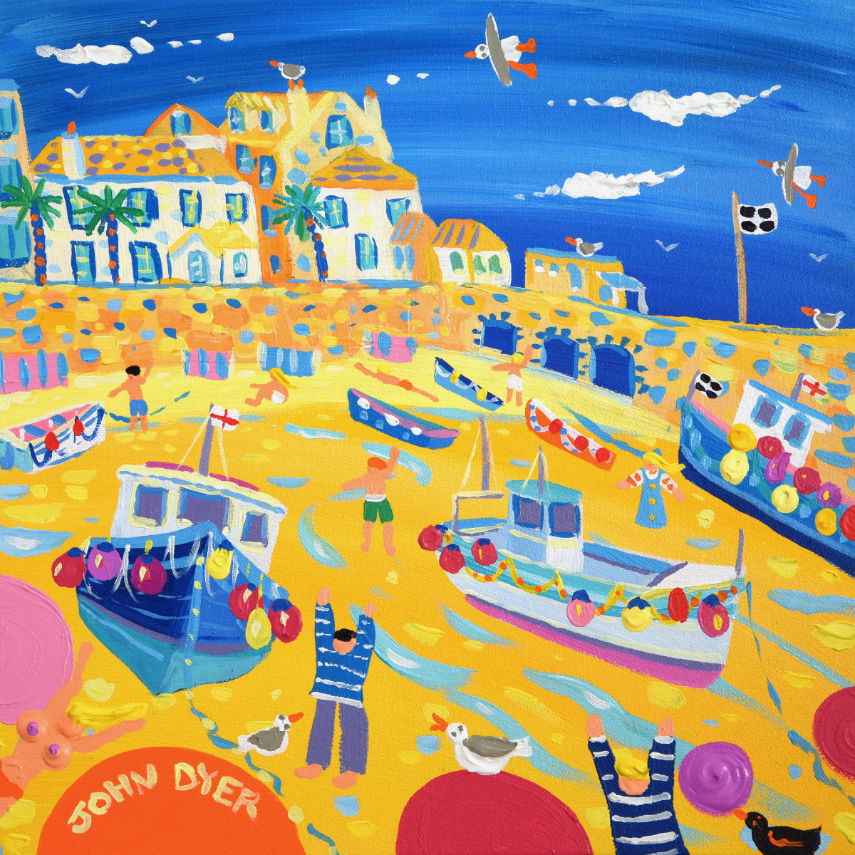 &#39;Exploring the Harbour, St Ives&#39;, 12x12 inches acrylic on canvas. Paintings of Cornwall by Cornish Artist John Dyer. Cornwall Art Gallery
