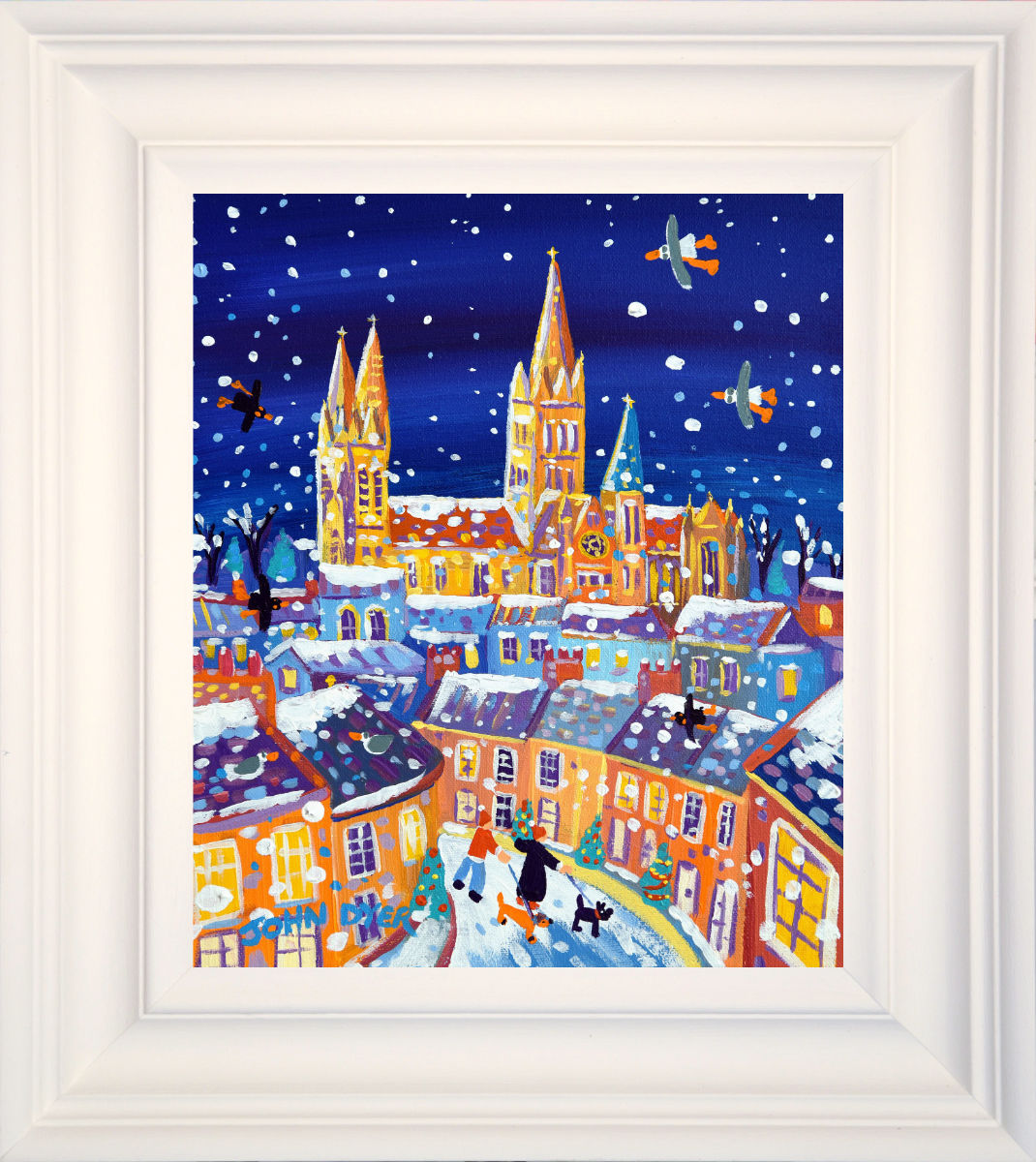 &#39;Flurry of Snow, Truro Cathedral&#39;, 12x10 inches acrylic on canvas. Paintings of Cornwall. Cornish Artist John Dyer. Cornwall Art Gallery