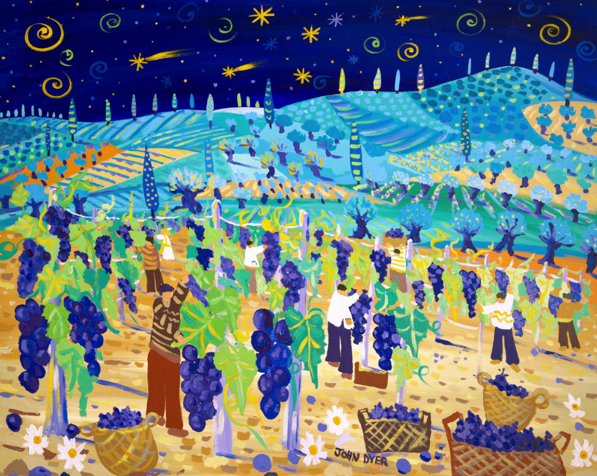Original Painting of Tuscany in Italy by John Dyer. &#39;Juicy Grapes and Shooting Stars&#39;. Italian Art Gallery