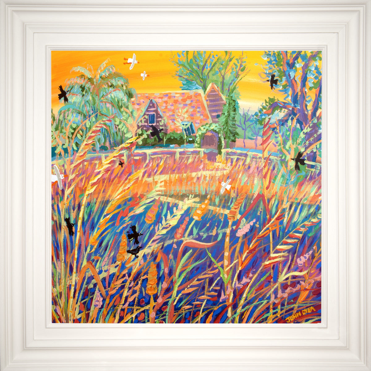 At the end of Kim Wilde&#39;s garden she has a wonderful meadow that by late August is full of dried grasses. A path is cut through the grass and the rest is left for birds and wildlife. John Dyer sat amongst the grasses to paint this delightful painting of the view back towards Kim&#39;s barn in Hertfordshire. A rich yellow sky with orange grasses and deep blues create a wonderful feel of warmth.