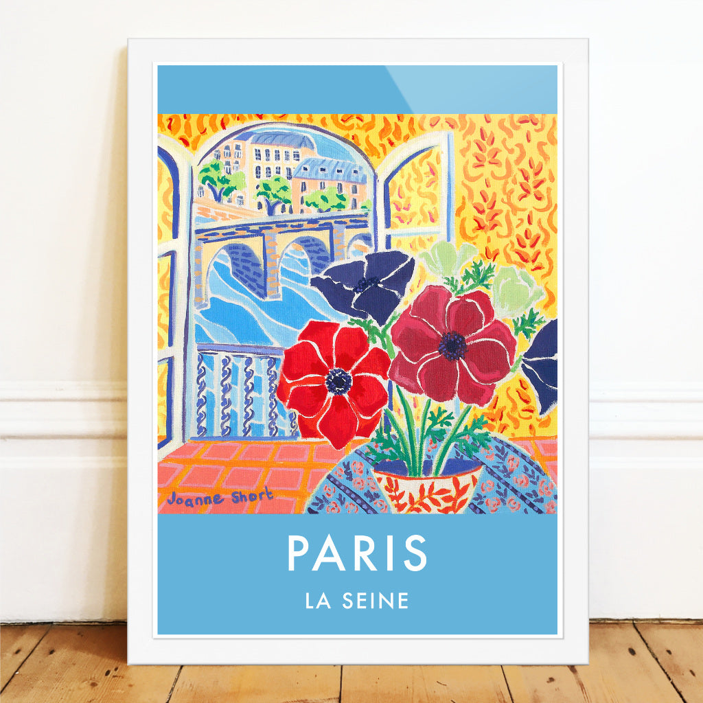 French Print of french anemones and the view to the River Seine, Paris. Vintage Style Interior Poster Art Print by Joanne Short. France Wall Art