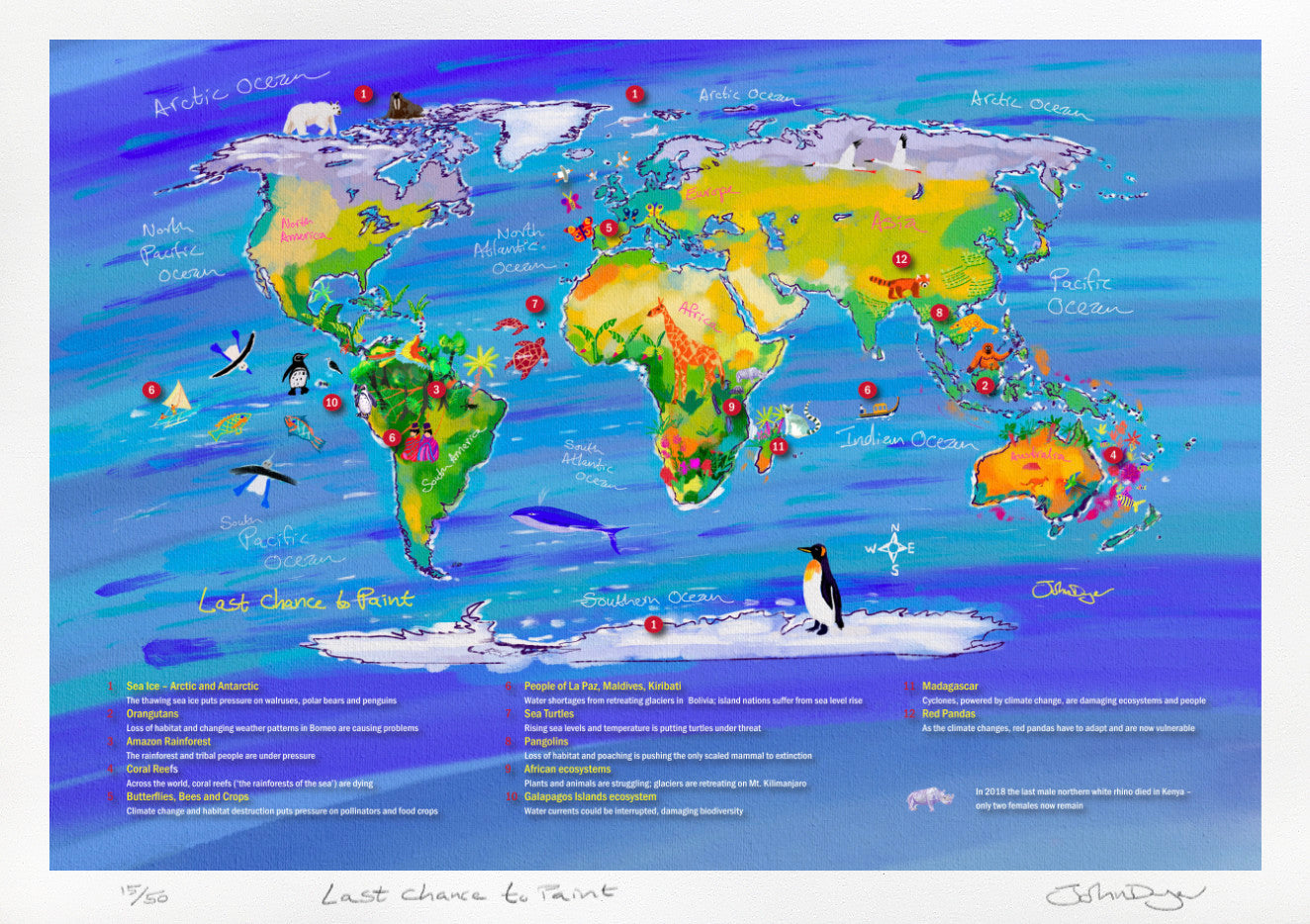 Last Chance to Paint. Climate Change Wildlife World Map. Limited Edition Print by Environmental Artist John Dyer