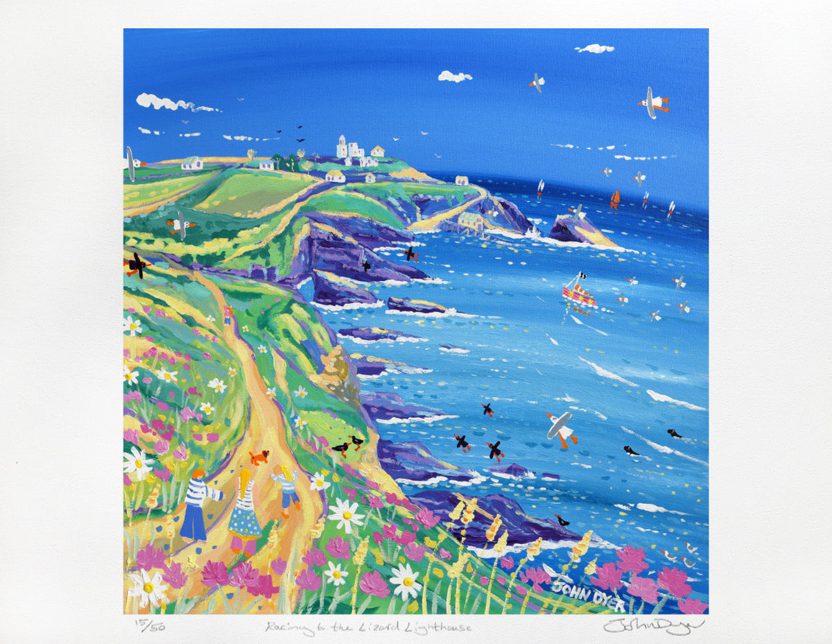 Limited Edition Print by Cornish Artist John Dyer. Racing to the Lizard Lighthouse. Cornwall Art Gallery Print