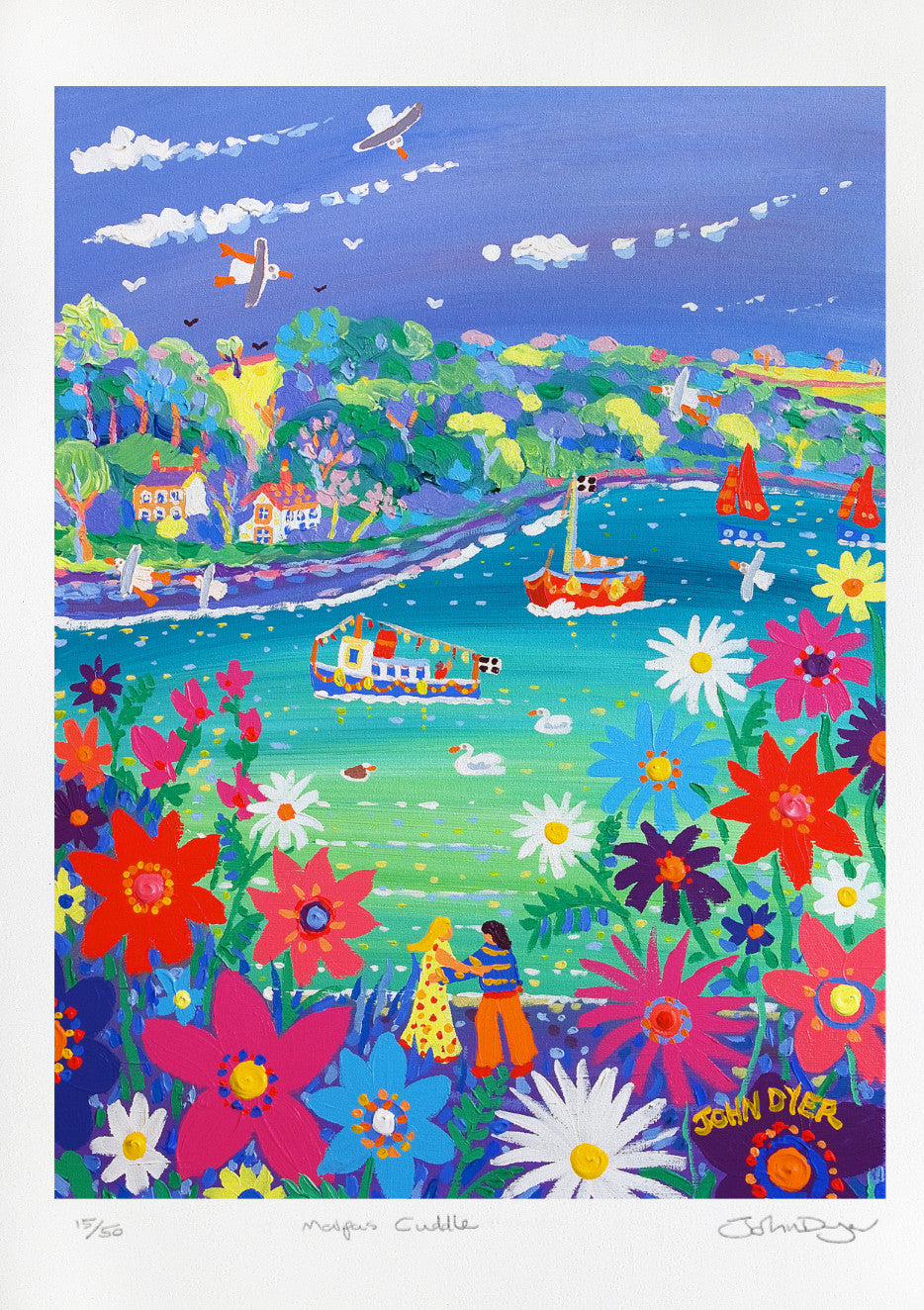 Signed Limited Edition Print by Cornish Artist John Dyer. Malpas Cuddle.