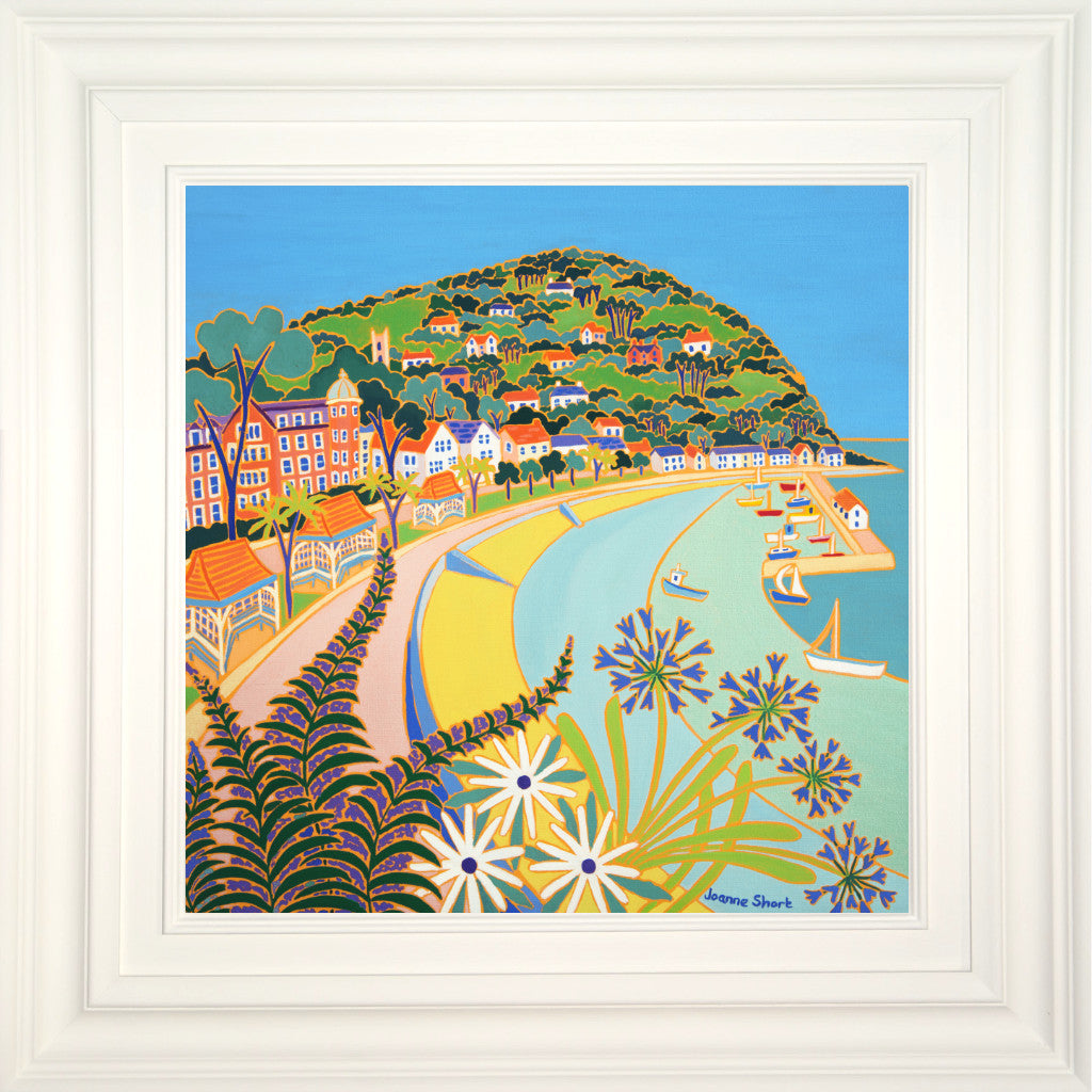 Framed painting of Minehead by British artist Joanne Short with echiums and agapanthus.