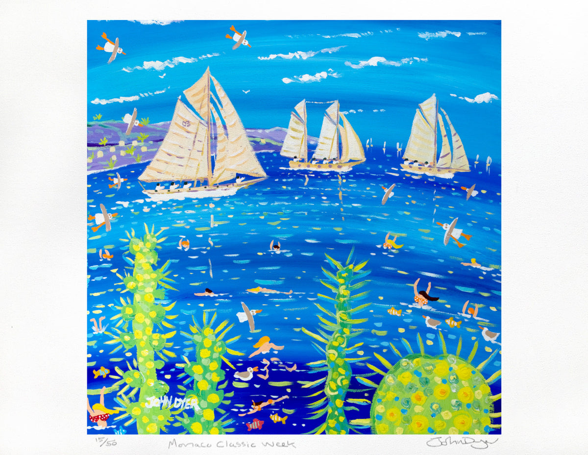 Limited Edition Signed Print by Artist John Dyer. &#39;Monaco Classic Week&#39;. Classic Yachts and Tall Ships