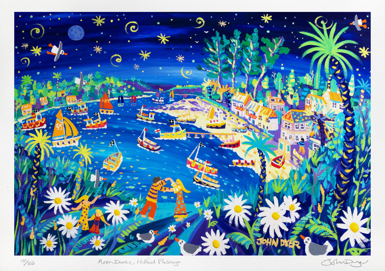 Signed Limited Edition Print by Cornish Artist John Dyer. 'Moon Dance, Helford Passage'. Cornwall Art Gallery Print
