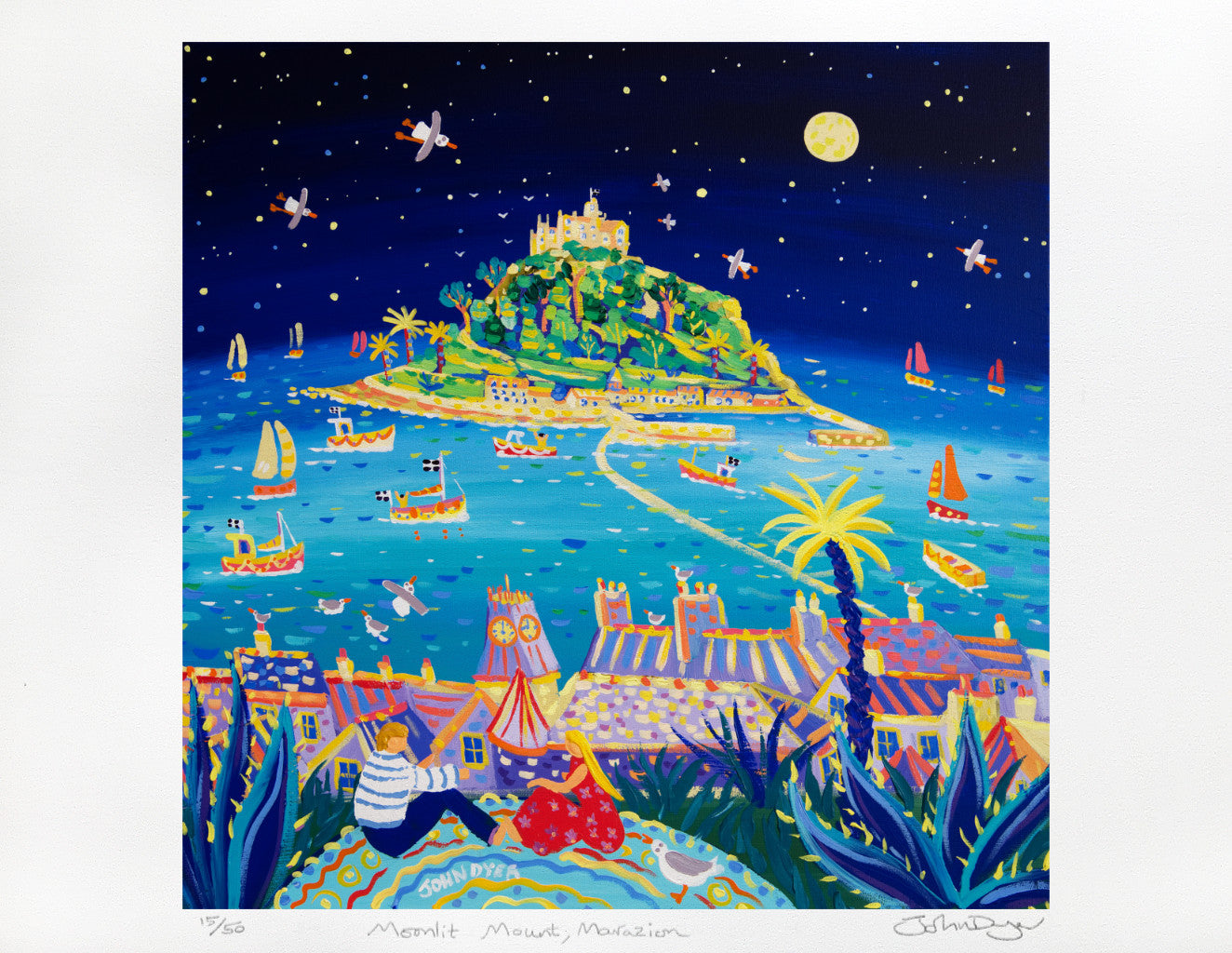 Limited Edition Print by Cornish Artist John Dyer. 'Moonlit Mount, Marazion'. Cornwall Art Gallery Print