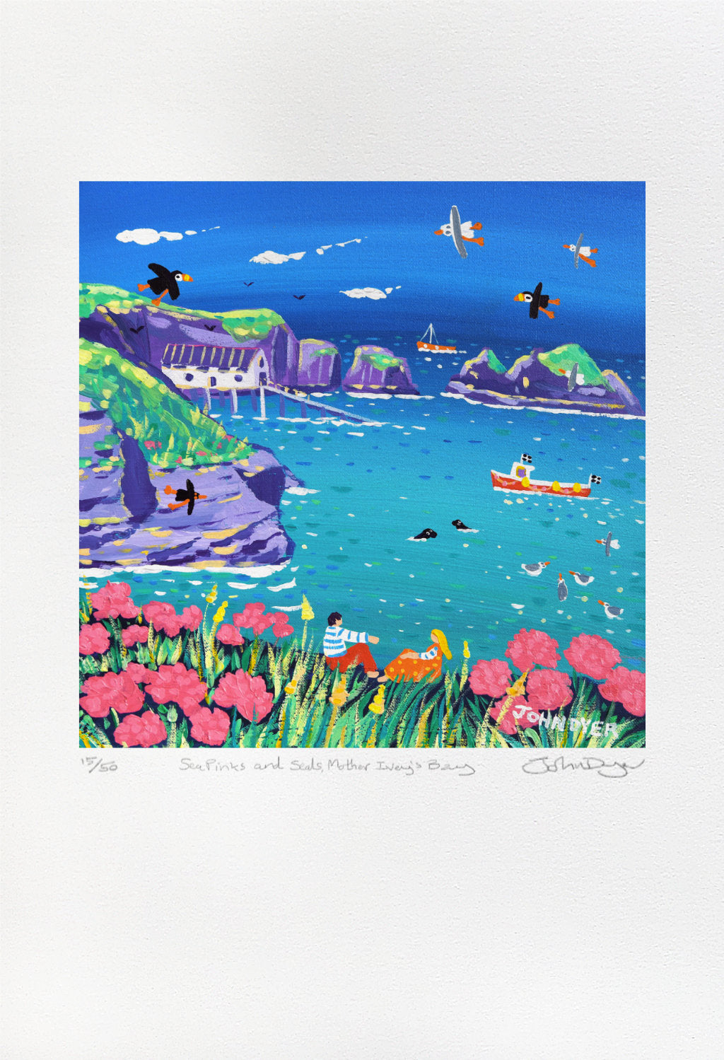 John Dyer Cornish Art Limited Edition Print. 'Sea Pinks and Seals, Mother Ivey's Bay'. Cornwall Art Gallery Print.