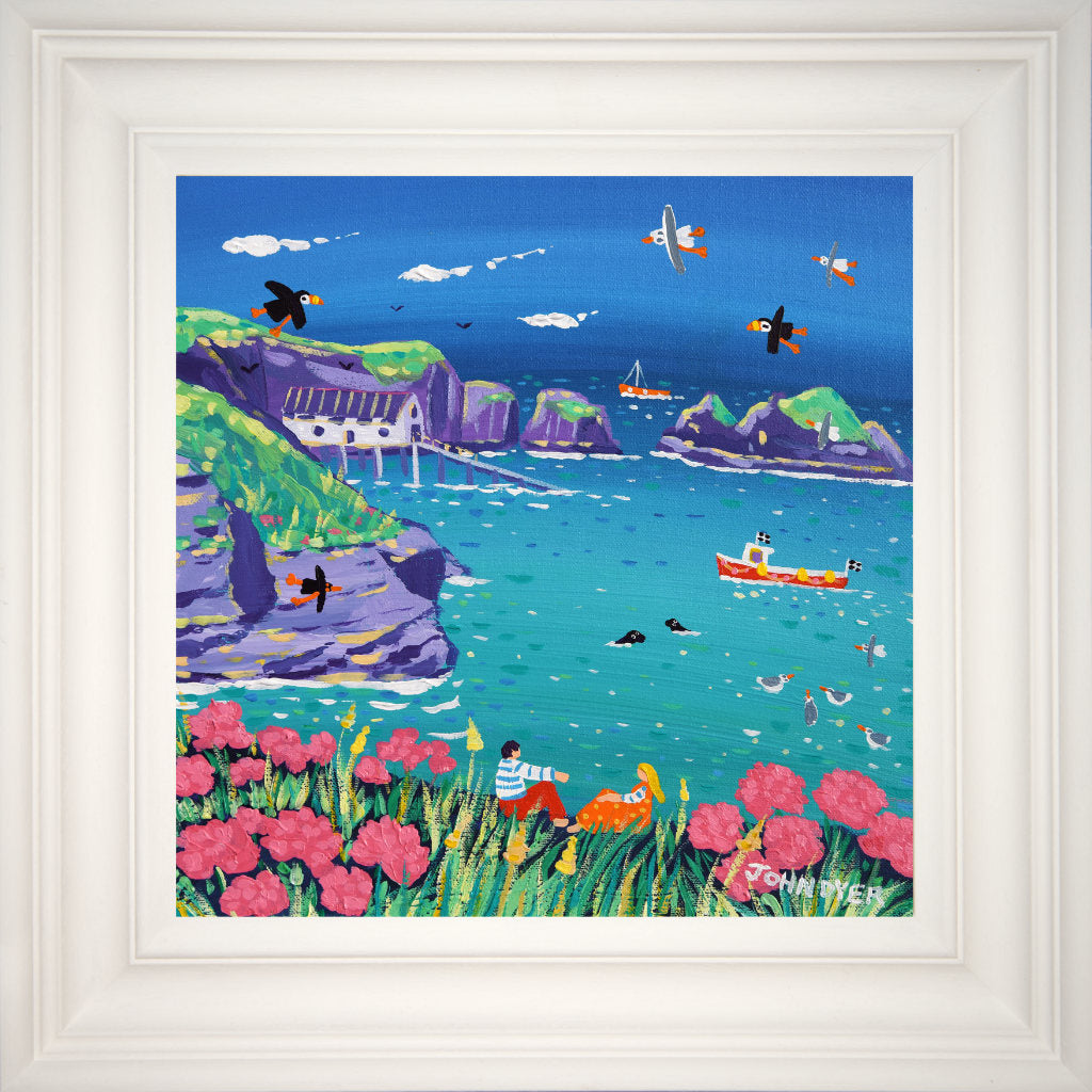 &#39;Sea Pinks and Seals, Mother Ivey&#39;s Bay&#39;, 12 x 12 inches original art acrylic on canvas. Paintings of Cornwall by Cornish Artist John Dyer from our Cornwall Art Gallery