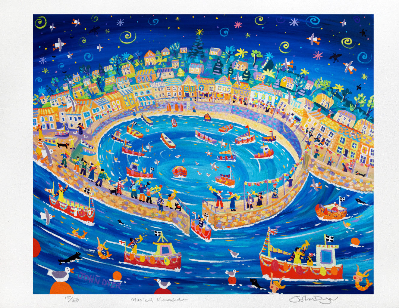 Signed Limited Edition Print by Cornish Artist John Dyer. 'Musical Mousehole'. Cornwall Art Gallery Print