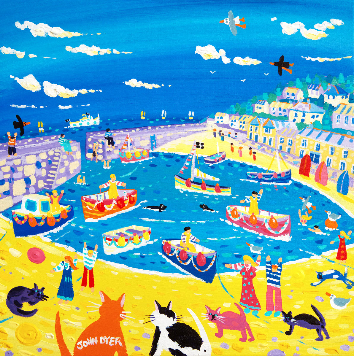 Cornwall art gallery painting by Cornish artist John Dyer of Mousehole cats and the harbour at Mousehole in Cornwall.