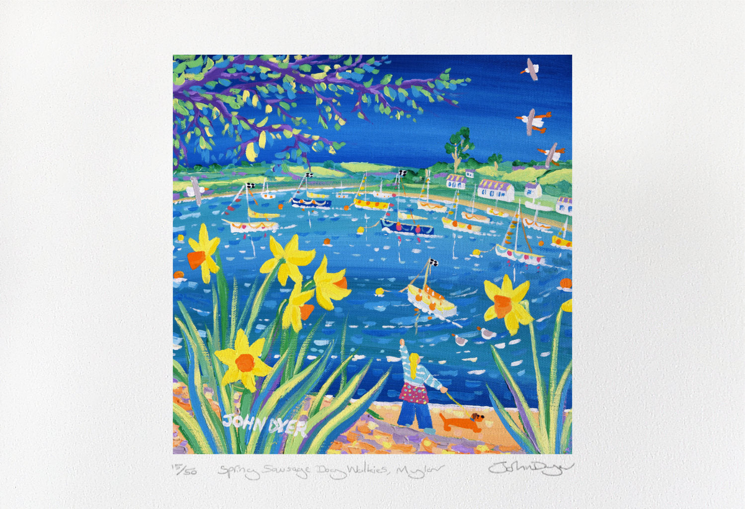 Signed Limited Edition Print by Cornish Artist John Dyer. 'Spring Sausage Dog Walkies, Mylor'. Cornwall Art Gallery Print