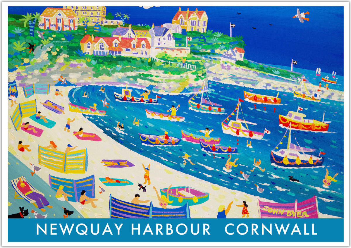 Cornish Art Print of Newquay Harbour in Cornwall by Cornish Artist John Dyer. Cornwall Art Gallery, Vintage Style Posters