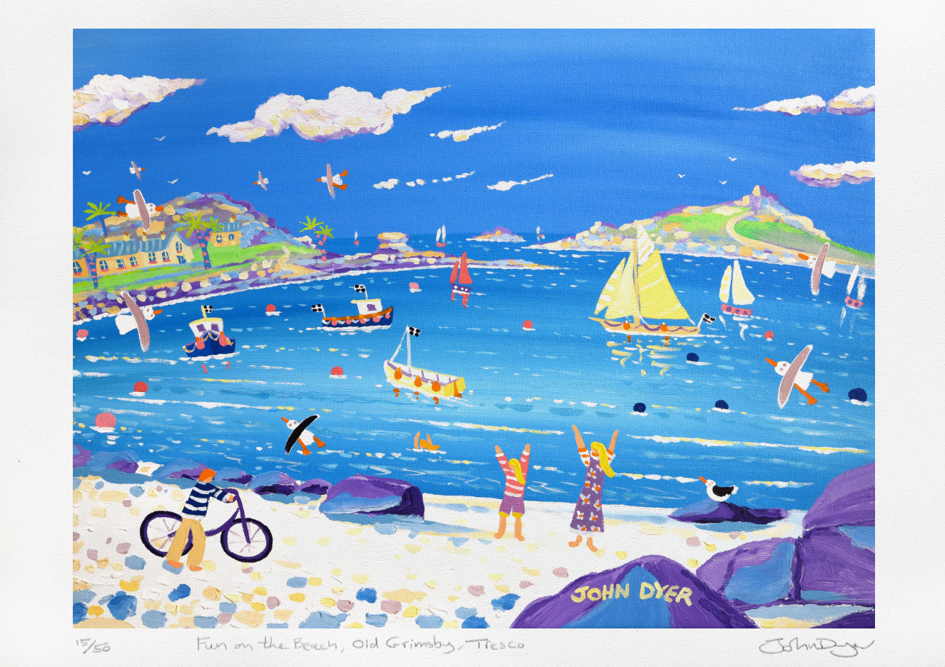 Signed Limited Edition Print by Cornish Artist John Dyer. 'Fun on the Beach, Old Grimsby, Tresco'. Tresco Gallery print