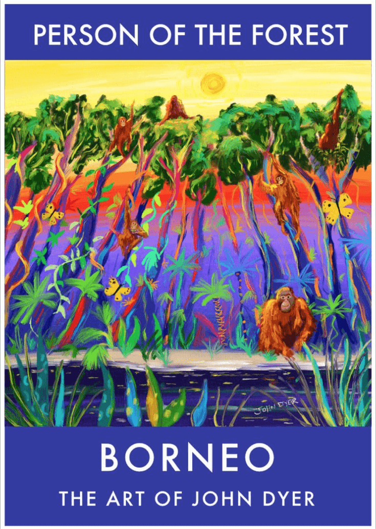 This striking John Dyer fine art wall poster print of wild orangutans watching the sunset in the rainforest really captures the energy and life of this critically endangered species in its natural habitat of the tropical peat forests of Borneo. Created by the artist on an expedition to Borneo where he lived alongside the orangutans.