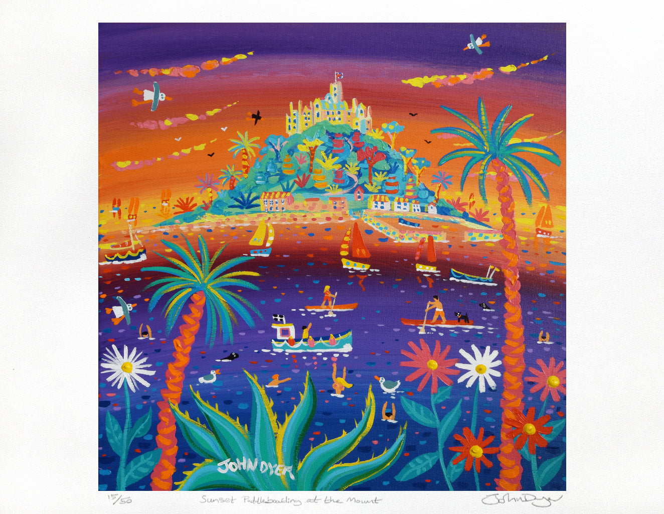 Limited Edition Print by Cornish Artist John Dyer. 'Sunset Paddleboarding at the Mount'. Cornwall Art Gallery Print