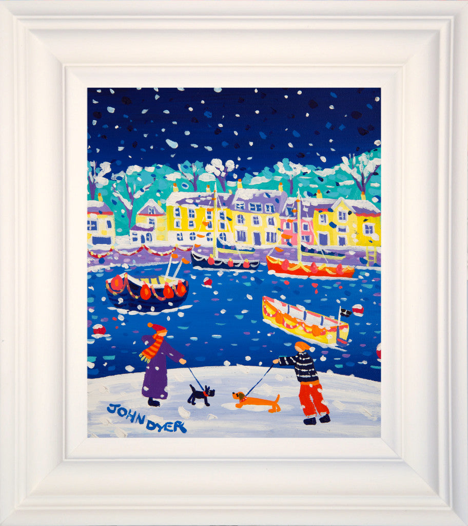 Framed John Dyer painting of snow in Padstow in Cornwall with a scotty dog and sausage dog being walked.
