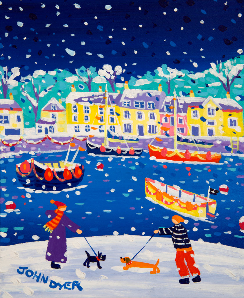 In this delightful painting by artist John Dyer, snow falls gently as a couple meet on the harbour’s edge in the famous seaside town of Padstow. Wooly, stripy hats, scarves and jumpers bring the painting alive in true John Dyer style as dogs sniff their greetings and fishing boats bob in the harbour in this wintery scene which will bring a smile to anyone&#39;s face.