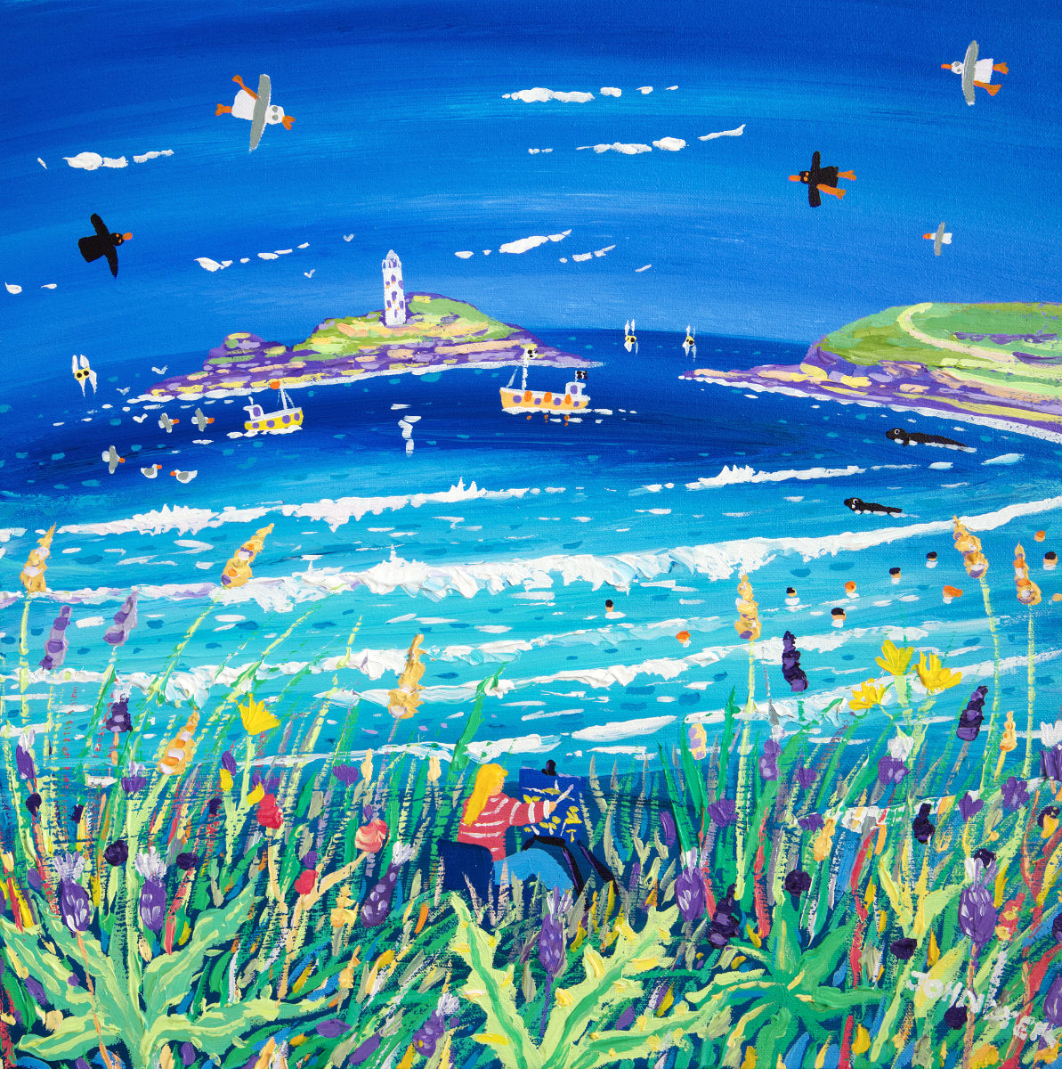 Cornwall gallery painting by John Dyer. An artist paints on the cliffs at Gwithian overlooking the beach towards Godrevy lighthouse.