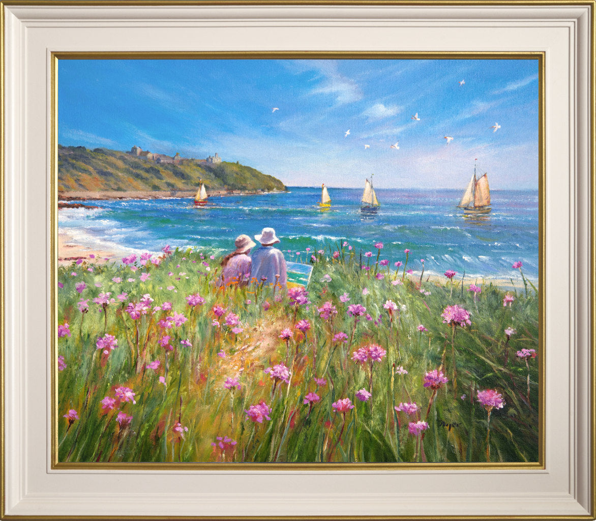 &#39;Sea Pinks and Painters. Falmouth&#39;, 20x24 inches oil on canvas by Ted Dyer. Cornwall Art Gallery Seascape Painting