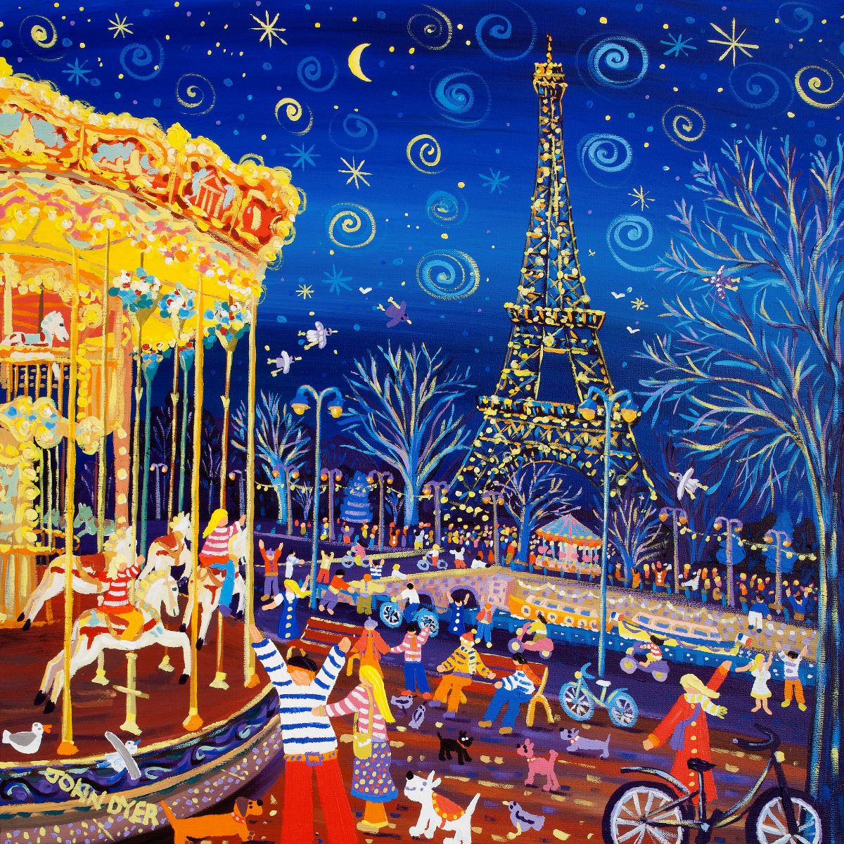 French Signed Limited Edition Print by John Dyer. 'Twinkling Lights and Carousel Delights, Paris.' Eiffel Tower Art