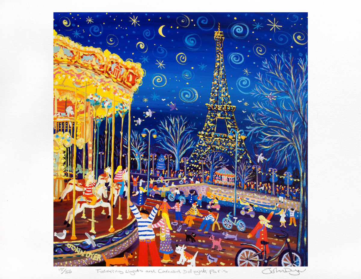 French Signed Limited Edition Print by John Dyer. 'Twinkling Lights and Carousel Delights, Paris.' Eiffel Tower Art