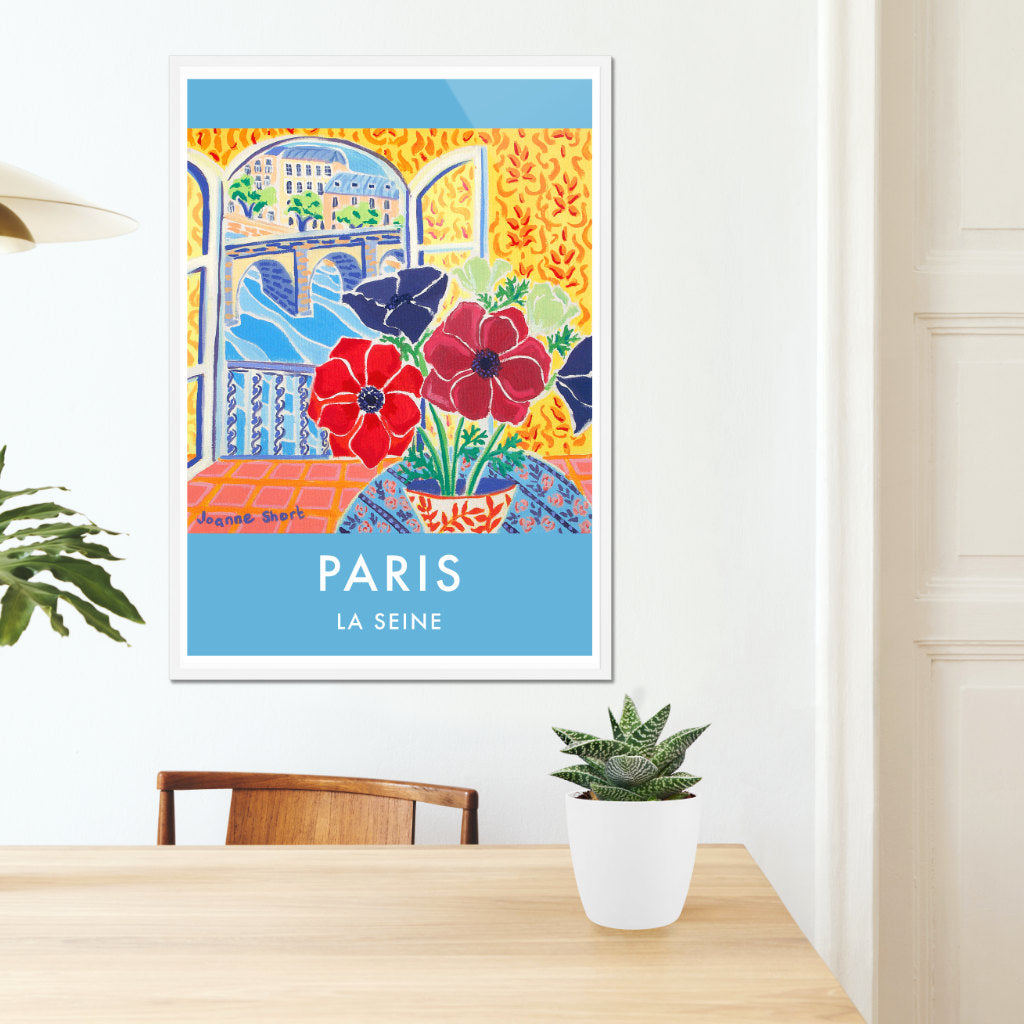 French Print of the french anemones and the view to the River Seine, Paris. Vintage Style Interior Poster Art Print by Joanne Short. France Wall Art