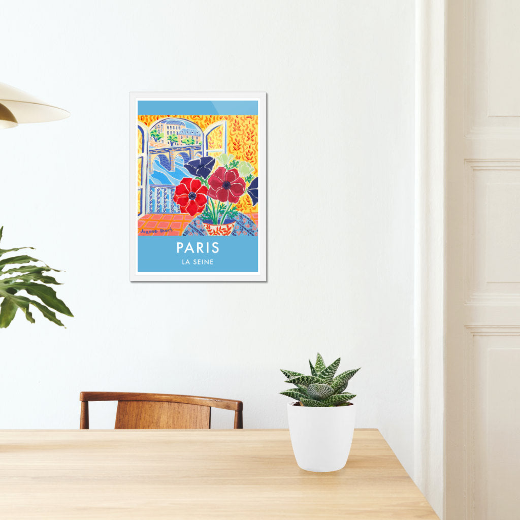 French Print of the french anemones and the view to the River Seine, Paris. Vintage Style Interior Poster Art Print by Joanne Short. France Wall Art