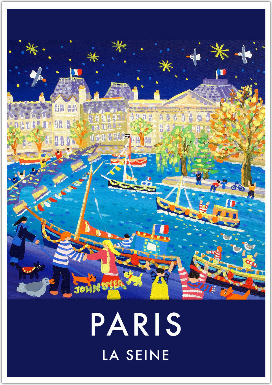 French Print of the River Seine in Paris. Vintage Style Travel Poster Art Print by John Dyer. France Wall Art
